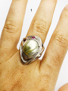 Handcarved Sterling Silver South Sea Pearl Rings - Natural Color - Southsea Pearls - Statement Ring (426 No. 1-3)