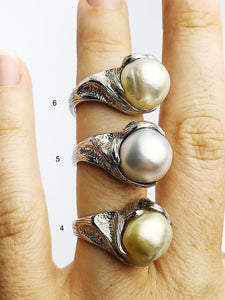 Handcarved Sterling Silver South Sea Pearl Rings - Natural Color - Southsea Pearls - Statement Ring (427 No. 1-6)