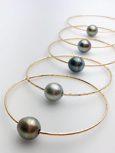14K Gold Filled Single Tahitian Pearl Bangle Bracelets , Size Large, 13-14mm Pearls (789 No. 1-5)