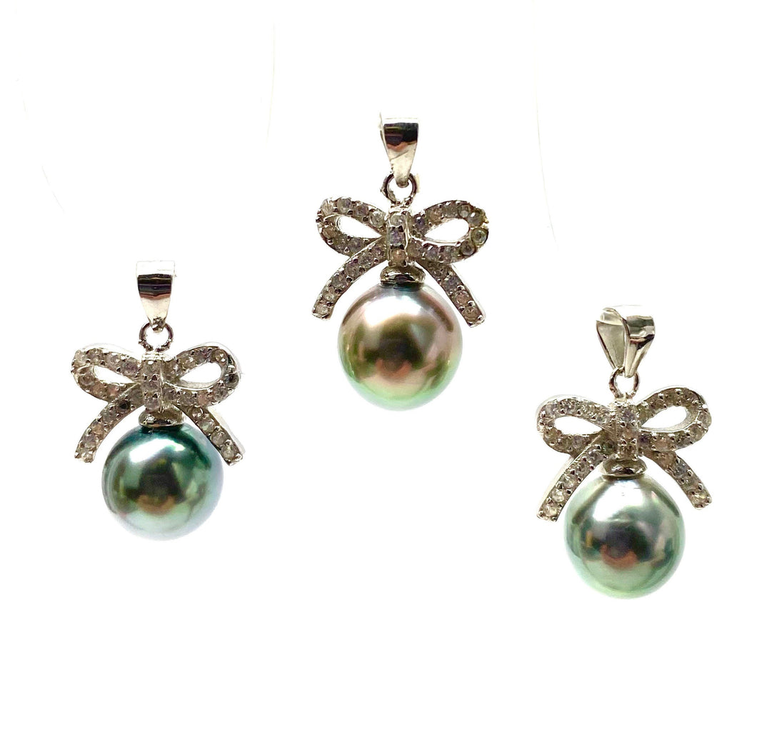 Sterling silver bow with Tahitian pearl pendant, SKU# 11233